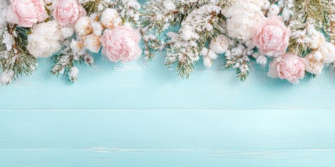 Sticker - Pink flowers dusted with snow against a textured blue wooden background, perfect for winter floral themes.