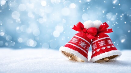 Wall Mural - Silver bells with red bows and white snowflakes resting on a snowy surface in soft daylight.