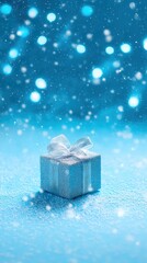 Wall Mural - Small blue gift box with a ribbon bow on white background, perfect for celebrations and presents.
