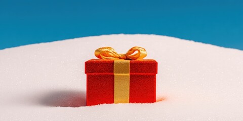 Wall Mural - Red gift box with a gold bow resting on white snow, bright natural light, winter holiday theme.