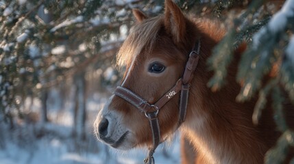 Wall Mural - a brown horse standing alone in fresh white snow during daylight in a rural winter landscape.