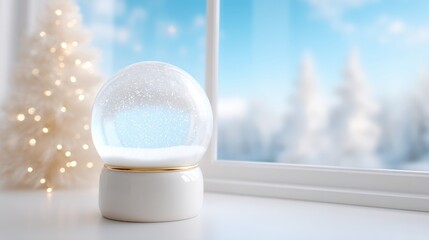 Wall Mural - Snow globe with winter scene on a white window sill, natural daylight illuminating the glass globe.