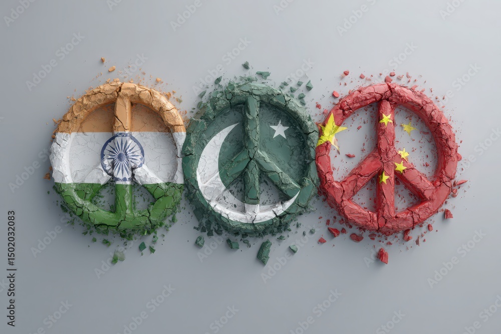 Three peace symbols representing India, Pakistan, and China are displayed on a cracked surface, showcasing their national colors in a creative representation of unity and hope for harmony.