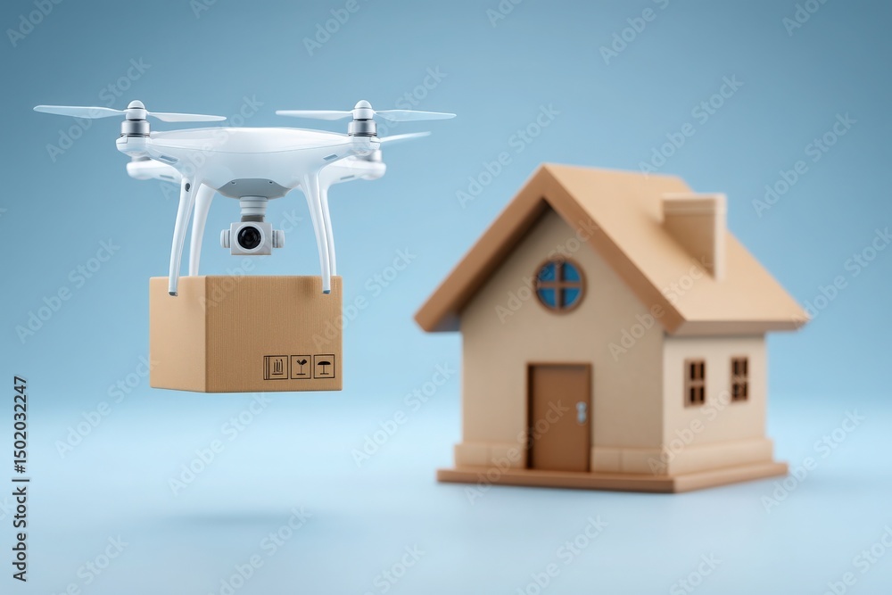 A drone hovers outside a small house, carrying a package underneath it. The scene illustrates the concept of automated deliveries in a contemporary neighborhood setting. The sky is clear and blue.