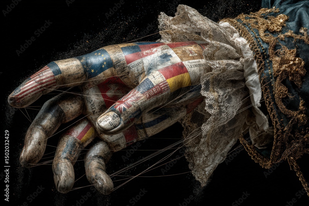 A detailed hand featuring various country flags is shown against a dark background. The hand is elaborately designed with lace, symbolizing cultural unity and diversity in art.