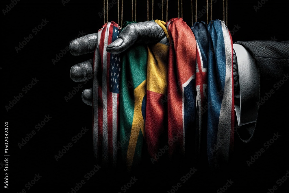 A black-gloved hand towers above, firmly grasping a collection of different national flags, showcasing cultural diversity.