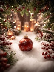 Wall Mural - Red Christmas ornament resting on snow beside a decorated tree in a bright winter setting.