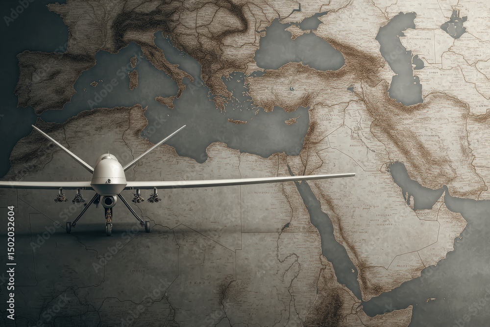 A drone is positioned on an antique map showcasing the Mediterranean and Middle Eastern territories, emphasizing its role in modern surveillance and reconnaissance operations in these areas.