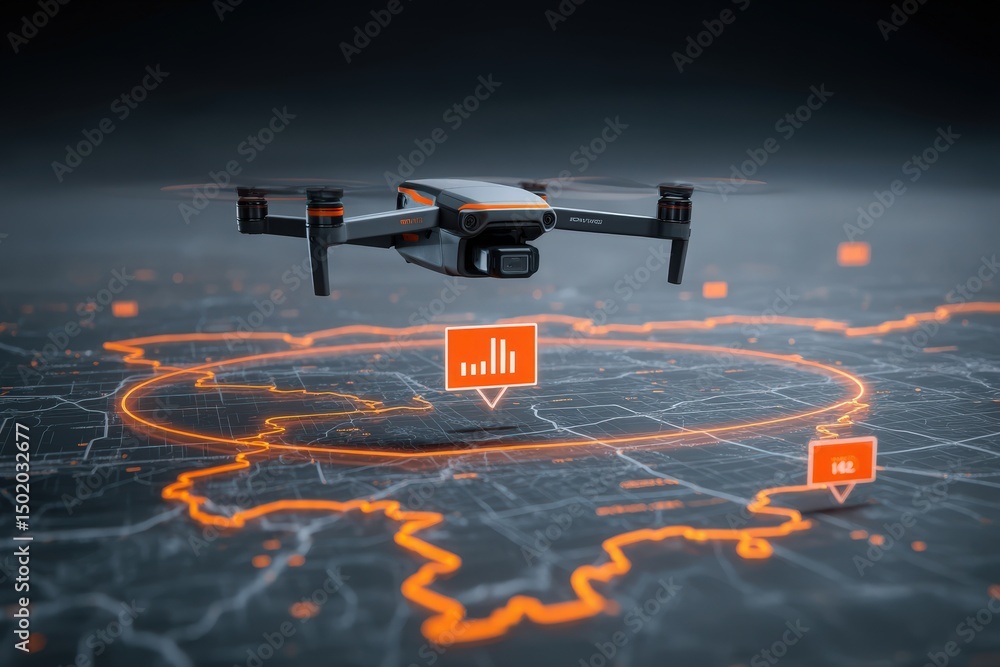 A drone hovers above a digital map display, showcasing urban areas with highlighted data points. The high-tech scene illustrates the integration of aerial photography and real-time analytics.
