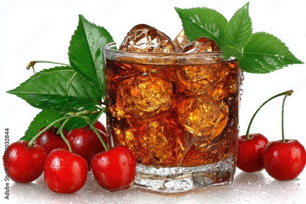 A glass filled with a brown beverage and ice cubes sits among fresh cherries and green leaves, creating a vibrant and refreshing display, perfect for warm days or gatherings.