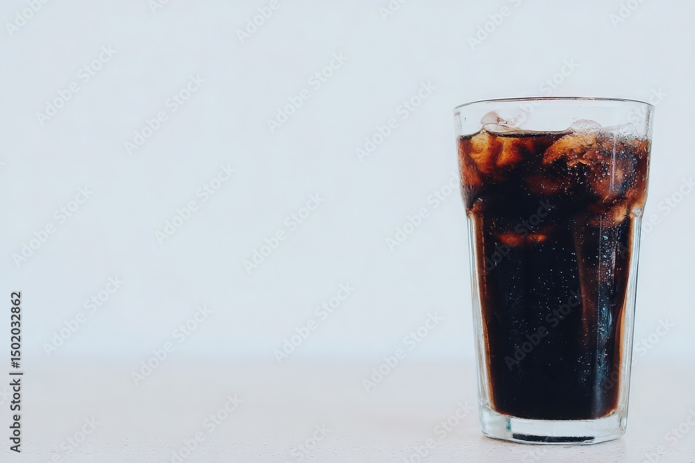 A tall glass filled with dark refreshment and ice cubes sits on a countertop. This cool beverage is ideal for quenching thirst on a hot day, highlighting simplicity and enjoyment.