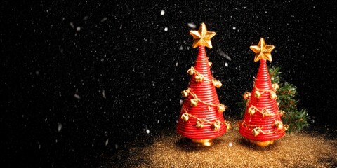 Wall Mural - Two decorated Christmas trees standing upright in sandy beach setting during daytime.