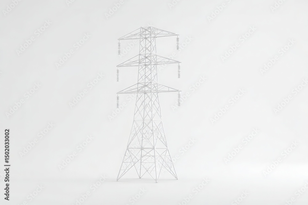 A detailed model of a power tower stands alone against a plain background, showcasing its structure. The design emphasizes electricity transmission with its clean lines and geometric shapes.