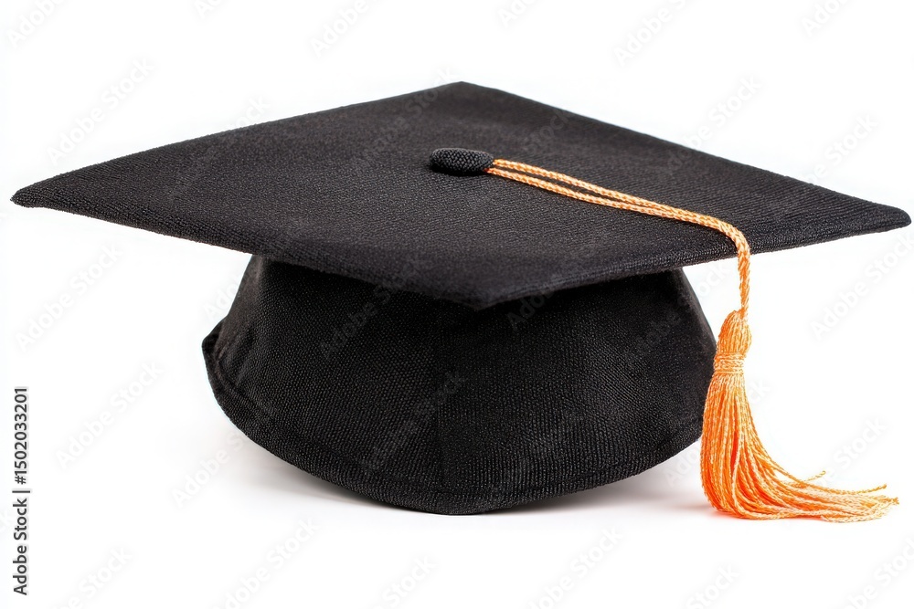 A black graduation cap sits on a white background, featuring an orange tassel. This cap symbolizes academic success and the joy of graduation. Traditions often accompany this event.
