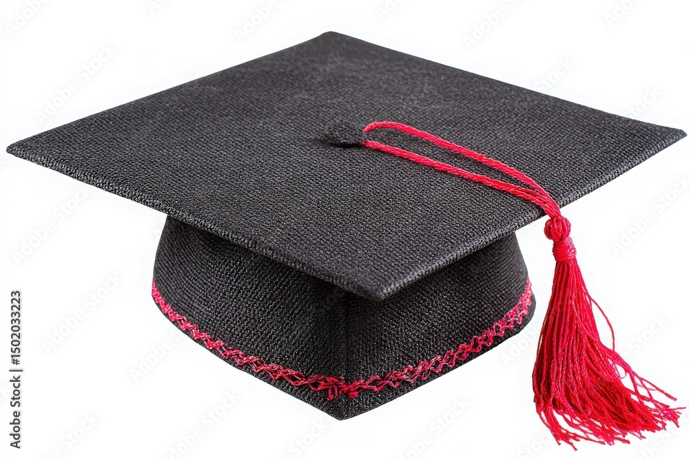 A black graduation cap featuring a red tassel rests on a flat surface. This traditional headwear symbolizes educational achievement, marking the end of a significant academic journey.