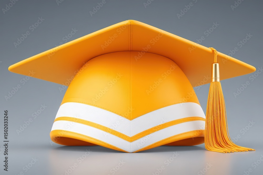 A bright yellow graduation cap rests against a simple gray background, featuring white stripes and a golden tassel, symbolizing academic success and celebration of achievements.