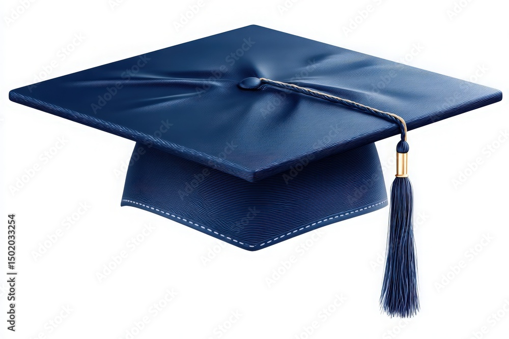 A navy blue graduation cap is placed on a flat surface, featuring a smooth top and gold tassel hanging from one side.