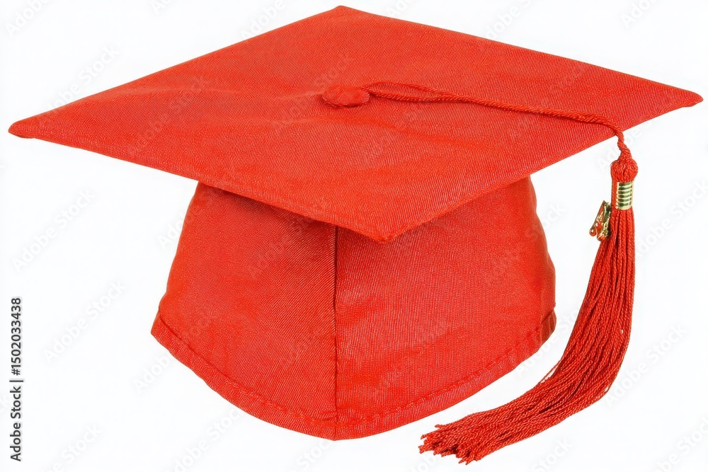 A bright red graduation cap with an attached tassel rests flat. This cap is often worn during graduation ceremonies, representing academic accomplishment and a significant milestone in education.