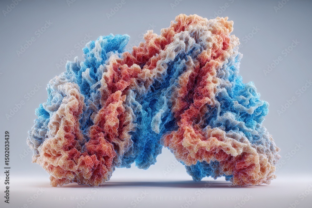 A vibrant sculptural piece features intertwined layers of blue and orange textures, resembling a flowing organic shape.