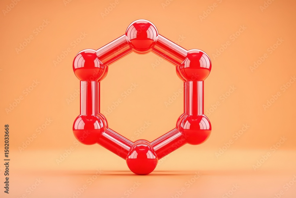 A vibrant red hexagonal structure made of interconnected spheres stands against a smooth orange backdrop.