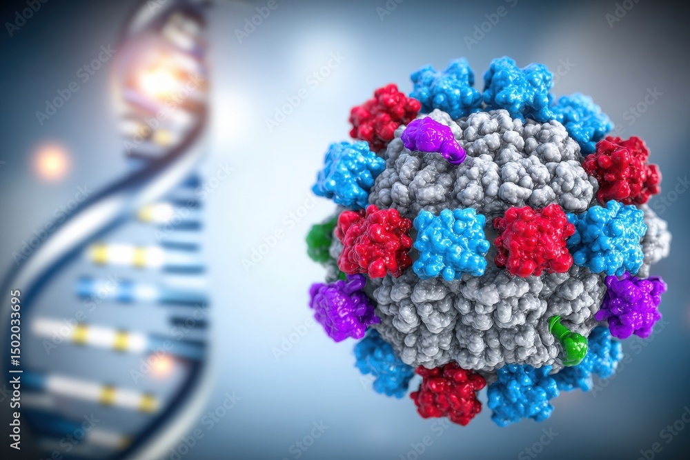A colorful 3D model depicts a virus with distinct proteins and a DNA double helix in the background. The artistic representation highlights the complexity of viral structures.