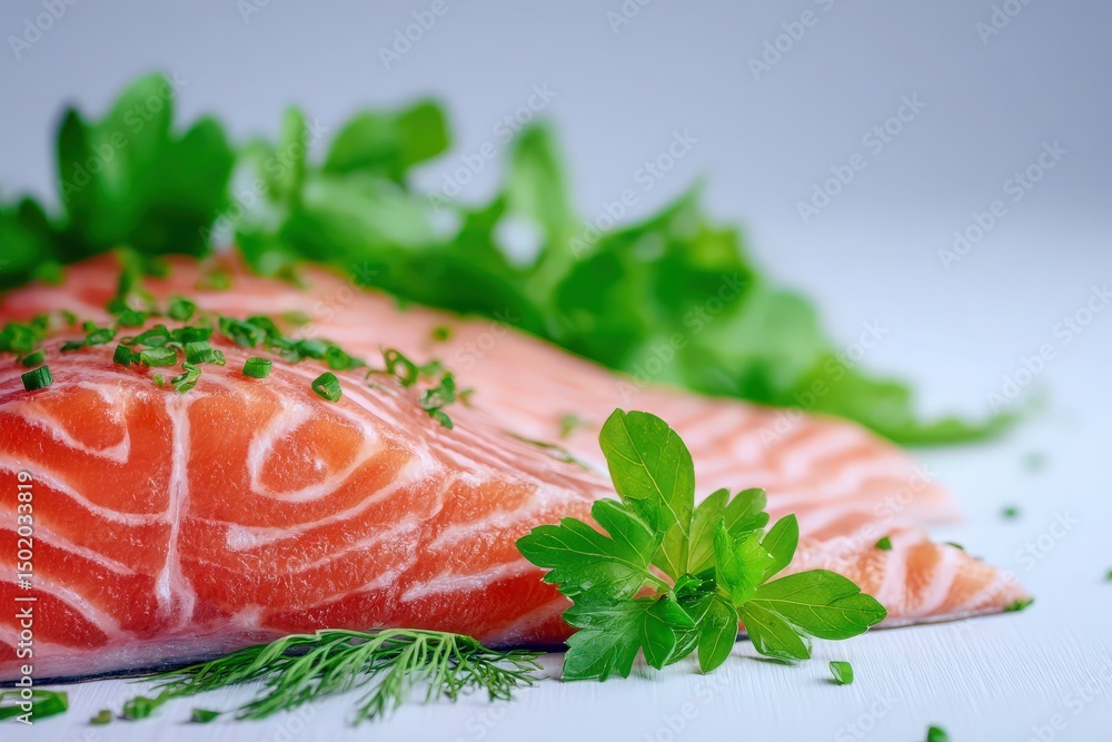 Bright pink salmon fillet lies on a white surface, beautifully garnished with finely chopped chives and vibrant green parsley.