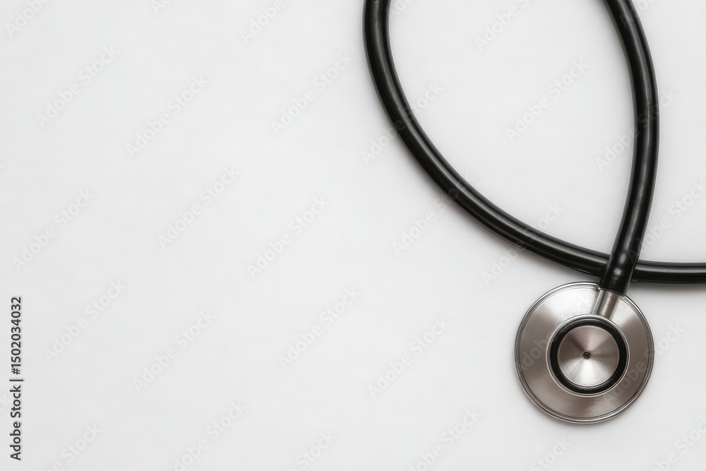 A stethoscope lies on a smooth, white surface, reflecting light. This medical instrument represents health monitoring and is essential for thorough patient examinations in clinical settings.