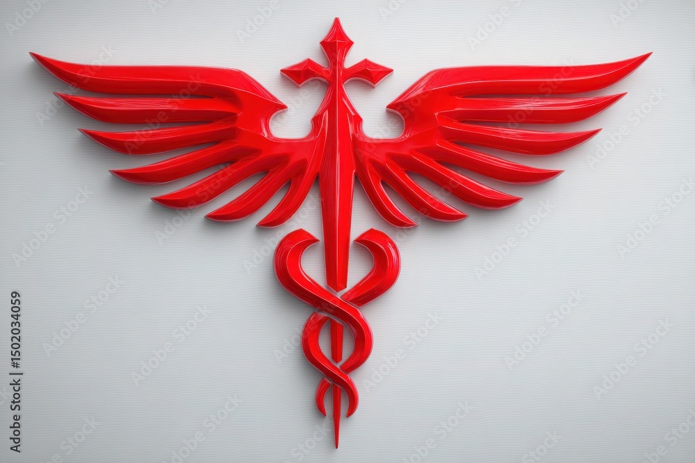 A striking red symbol combining wings and a caduceus is mounted on a light-colored wall within a contemporary healthcare environment. This emblem signifies medical expertise and care.