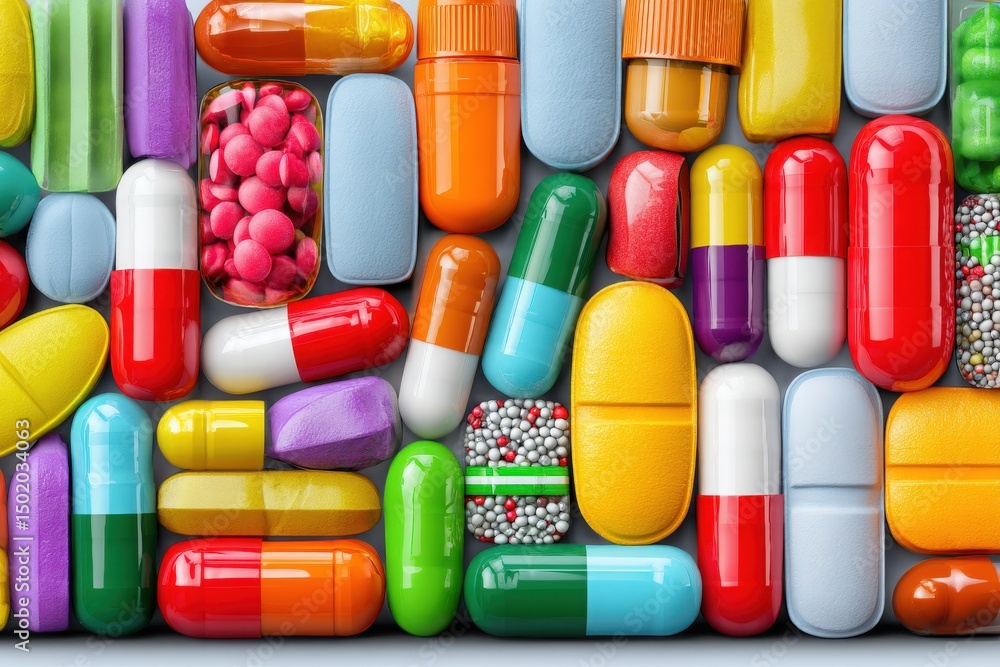 Various shapes and sizes of pills and capsules are arranged neatly on a flat surface. The vibrant colors create a visually striking composition. This collection showcases medication diversity.