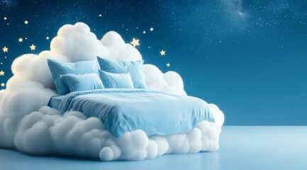 Wall Mural - bed with pillows and a blue comforter is surrounded by clouds