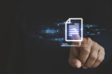 Fototapete - Concept of modern data transfer. People send digital document with ease. Transfer file data system relocation to cloud system technology. Business document storage, upload download with AI automation.