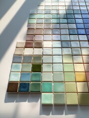 Poster - Ceramic Tile Palette Arranged on Light Surface Showcasing a Gradient of Colors and Textures in a Well-Lit Space