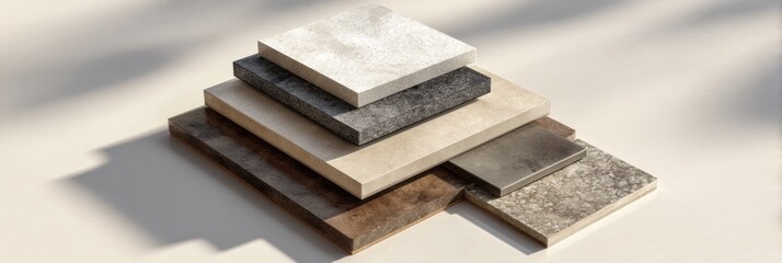 Fototapete - Ceramic Tile Palette Stacked on Light Surface With Open Space Above for Design Display or Tile Selection