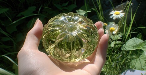 Hand holds a sunlit, light-green, decorative sphere.  Detailed,  faceted design,  garden setting