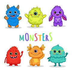 Wall Mural - Big set of cartoon monsters. Cute monsters. Kids funny character design for posters, cards., magazins. Vector illustration