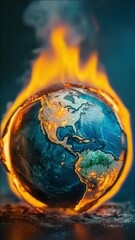 Wall Mural - a globe with fire on it. the globe is blue and white. the fire is orange