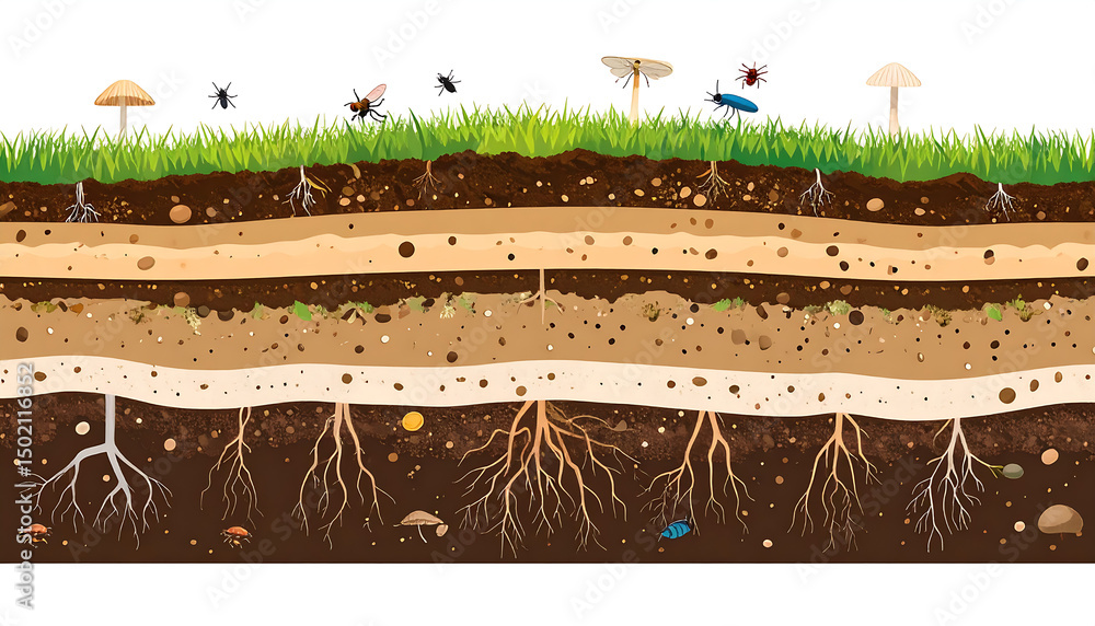 Concept illustration Cross section of healthy soil layer with roots ...