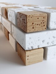 Fototapete - Clean Render Showcasing a Stack of Bricks and Foam Blocks Combined With Wood Elements Fixed With Glue on a White Backdrop