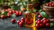 © Creative_Bringer - Goji berry oil with berries topdown vivid red wellness product soft light health scene