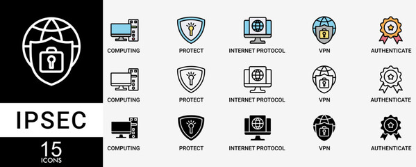Wall Mural - ipsec icon set with various styles and colors of cloud computing, protect, internet protocol, vpn, a