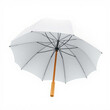 © Shahbaz - A white umbrella with a wooden handle is open against a white background showing its structure clearly created with generated ai