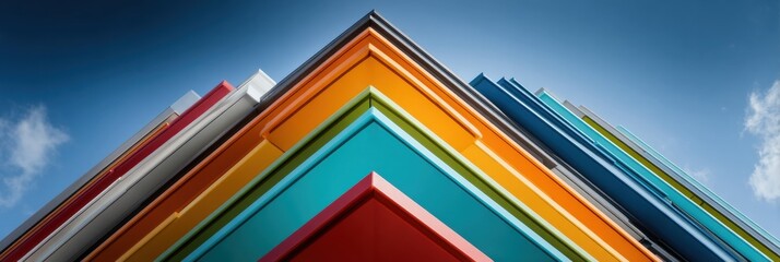 Poster - Colorful Composite Panels Stacked Diagonally Against a Clear Sky With Clouds