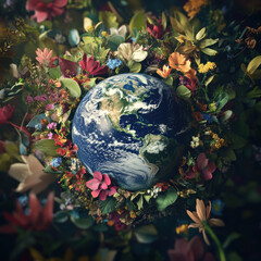 Wall Mural - portrayal earth flowers oceans clouds landmasses