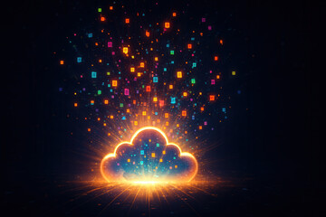 Poster - cloud gaming and streaming concept. Digital cloud with colorful data particles illuminating the dark background.