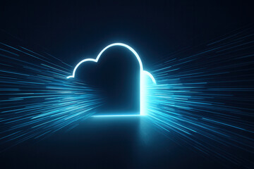 Leinwandbilder - cloud gaming and streaming concept. Illuminated cloud doorway with dynamic light streaks on a dark background.