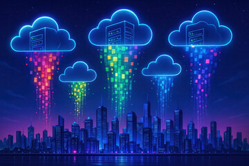 Aufkleber - cloud gaming and streaming concept. Futuristic city skyline with cloud computing elements raining data.