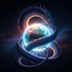 dark blue dragon wraps around glowing earth in outer space