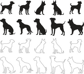 Wall Mural - dog icons set trendy black flat, outline styles. wildlife signs. animal silhouette symbols template 