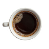 black coffee in white mug, top view isolated on background