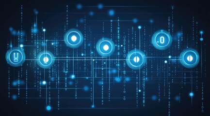 Abstract digital network graphic with glowing icons and binary code